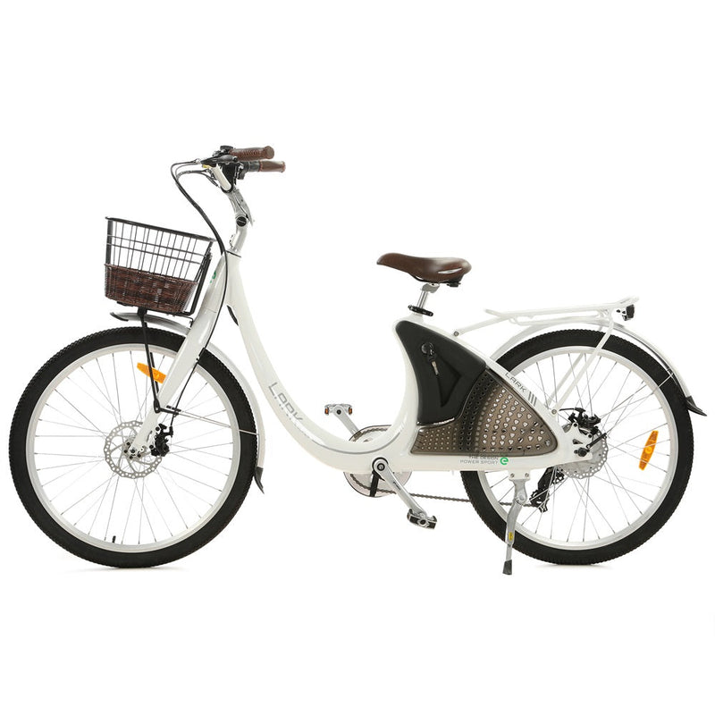 Ecotric 26inch White Lark Electric City Bike For Women with basket and rear rack