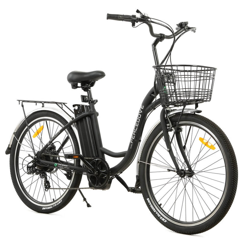Ecotric 26inch Black Peacedove electric city bike with basket and rear rack