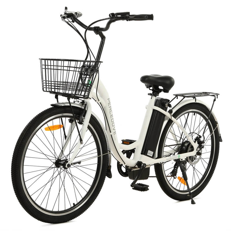 Ecotric 26inch White Peacedove electric city bike with basket and rear rack